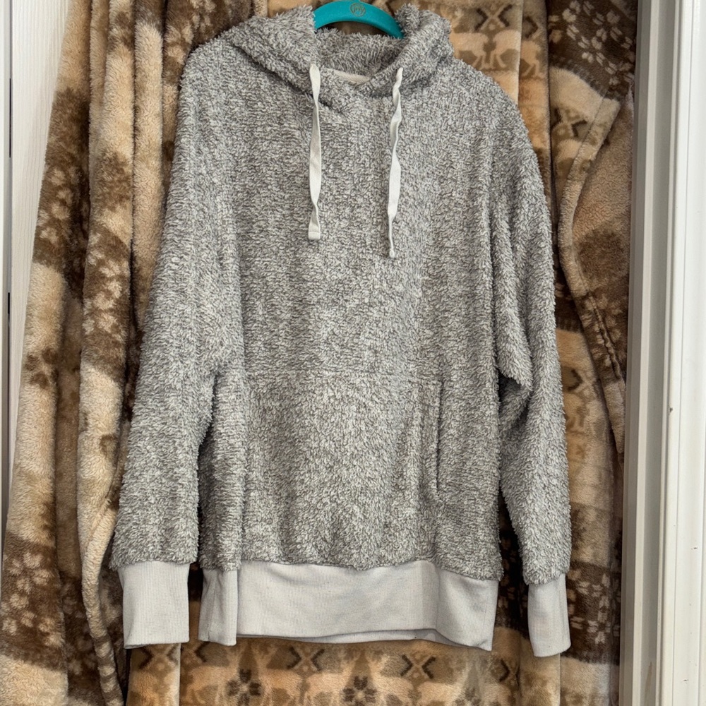 SO women’s Fuzzy Crewneck Hoodie in Light Gray and White